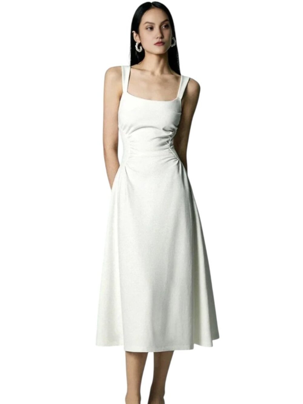 NEW FIBFLX Square Neck Midi Dress with Pleated Waist Off White Size M